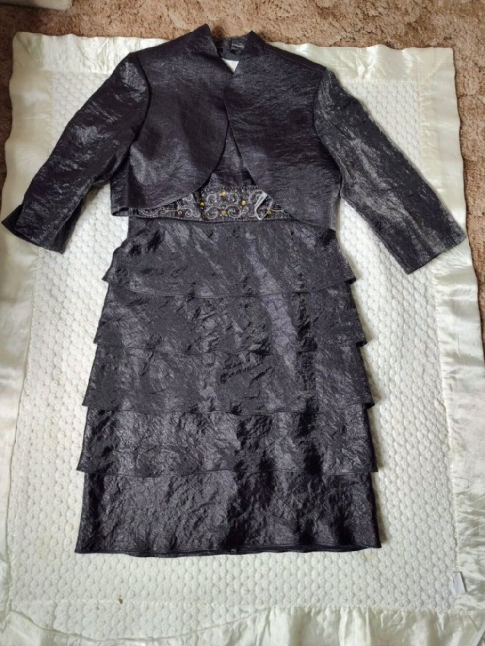David's Bridal Hammered Shimmer Jacket Evening Dress Tiered Skirt Size 10 - Picture 15 of 16